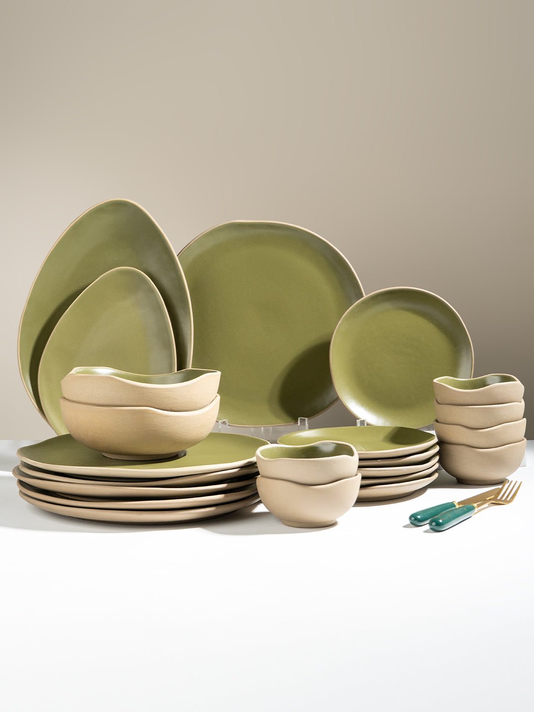 Olive Green & Beige Rustic Ceramic Dinner Set of 22 - The Golden Theory