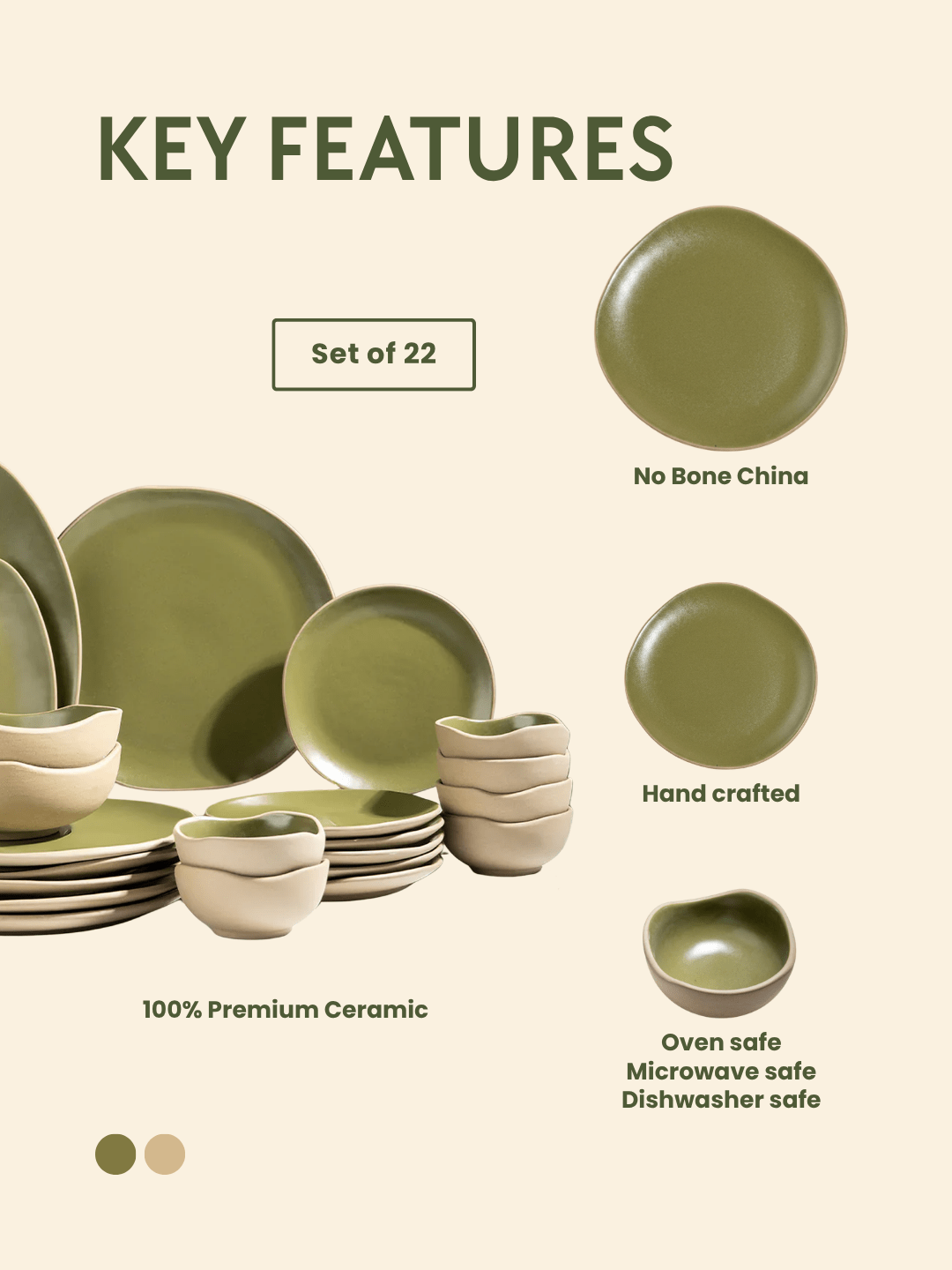 Olive Green & Beige Rustic Ceramic Dinner Set of 22 - The Golden Theory