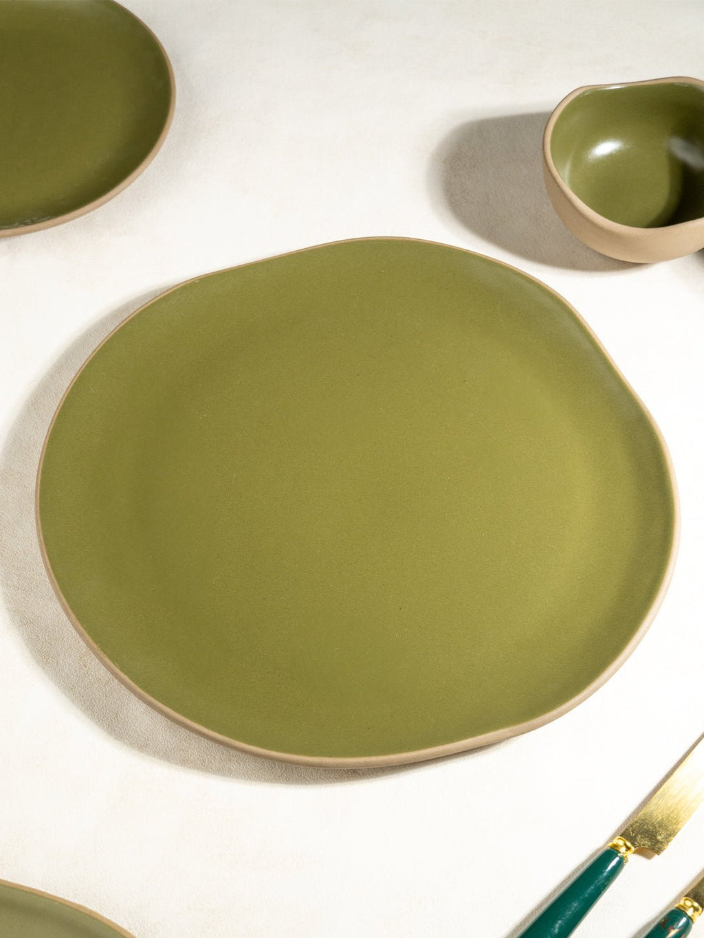 Olive Green & Beige Rustic Ceramic Dinner Set of 22 - The Golden Theory