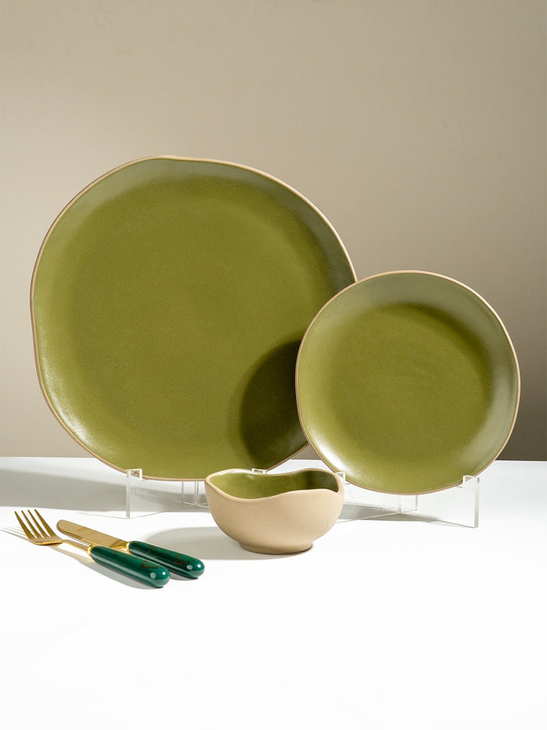Olive Green & Beige Rustic Ceramic Dinner Set of 22 - The Golden Theory