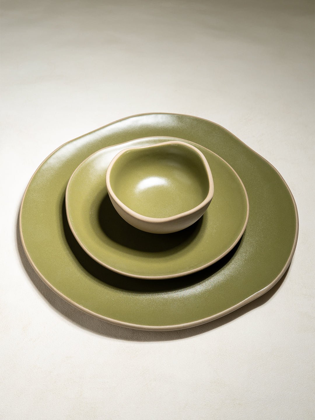Olive Green & Beige Rustic Ceramic Dinner Set of 22 - The Golden Theory