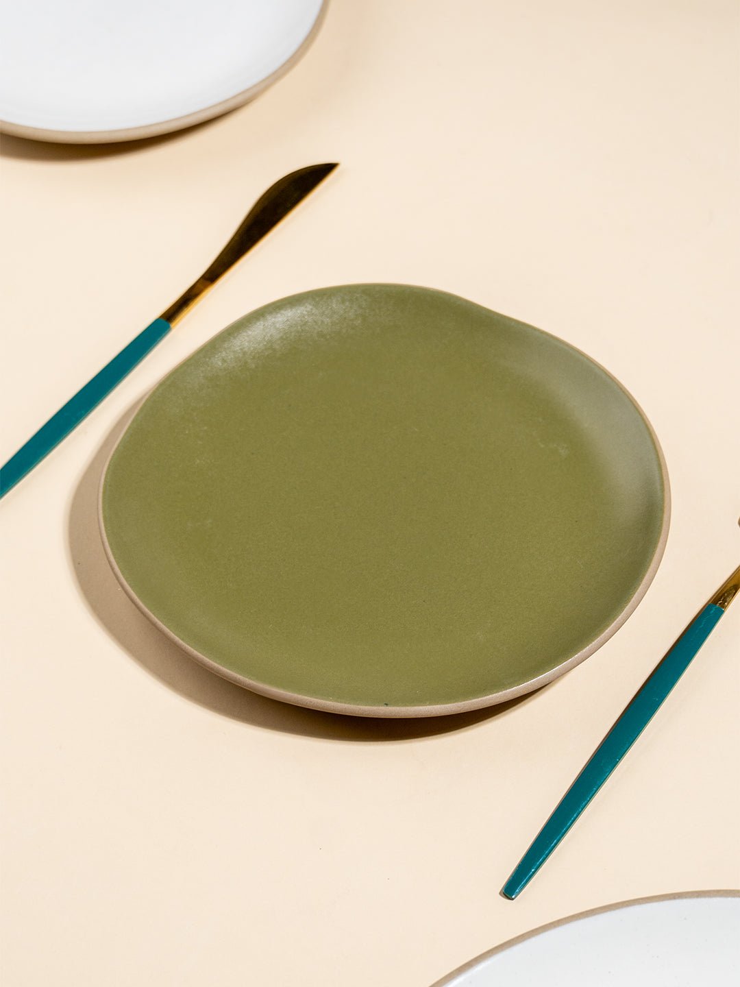 Olive Green & Beige Rustic Ceramic Quarter Plate - The Golden Theory Main image