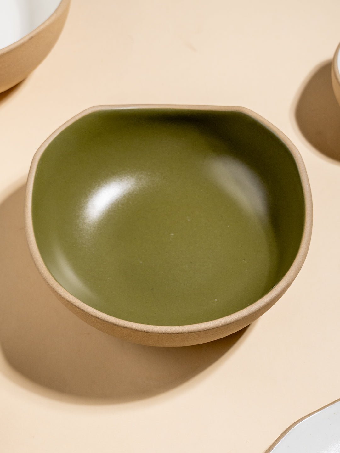 Olive Green & Beige Rustic Ceramic Serving Bowl - The Golden Theory