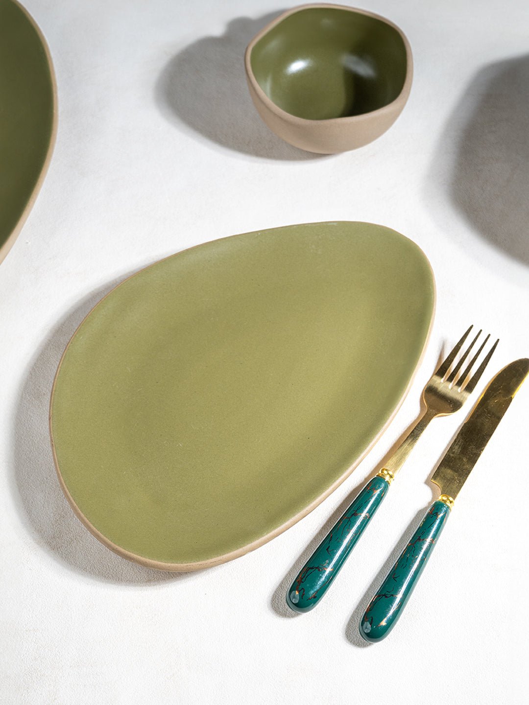 Olive Green & Beige Rustic Ceramic Small Platter - The Golden Theory Main image