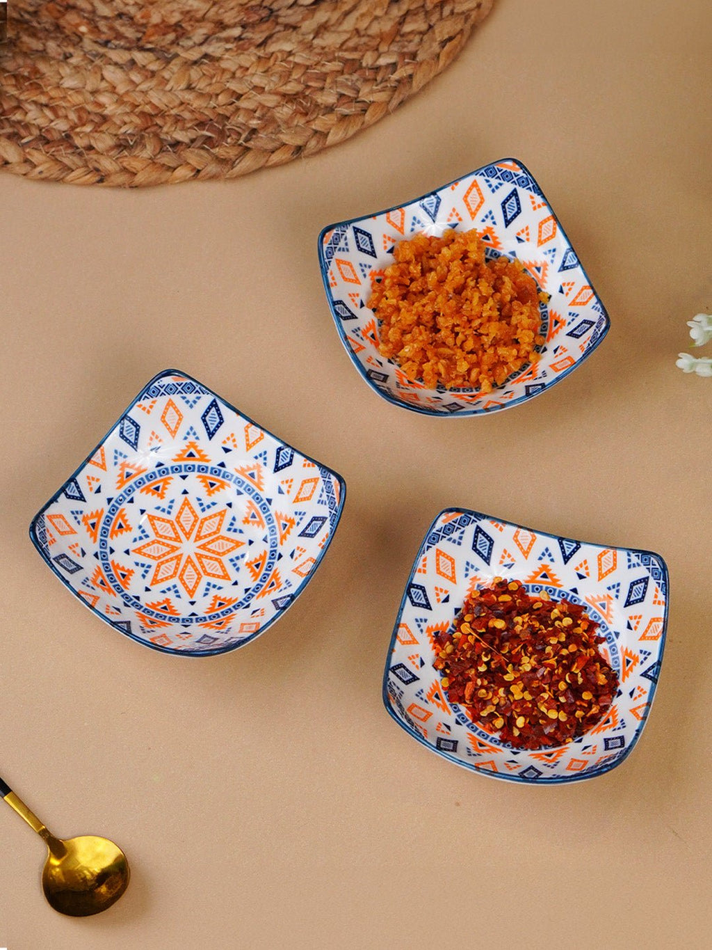 Orange & Blue Geometric Square Ceramic Bowls Set of 3 - The Golden Theory