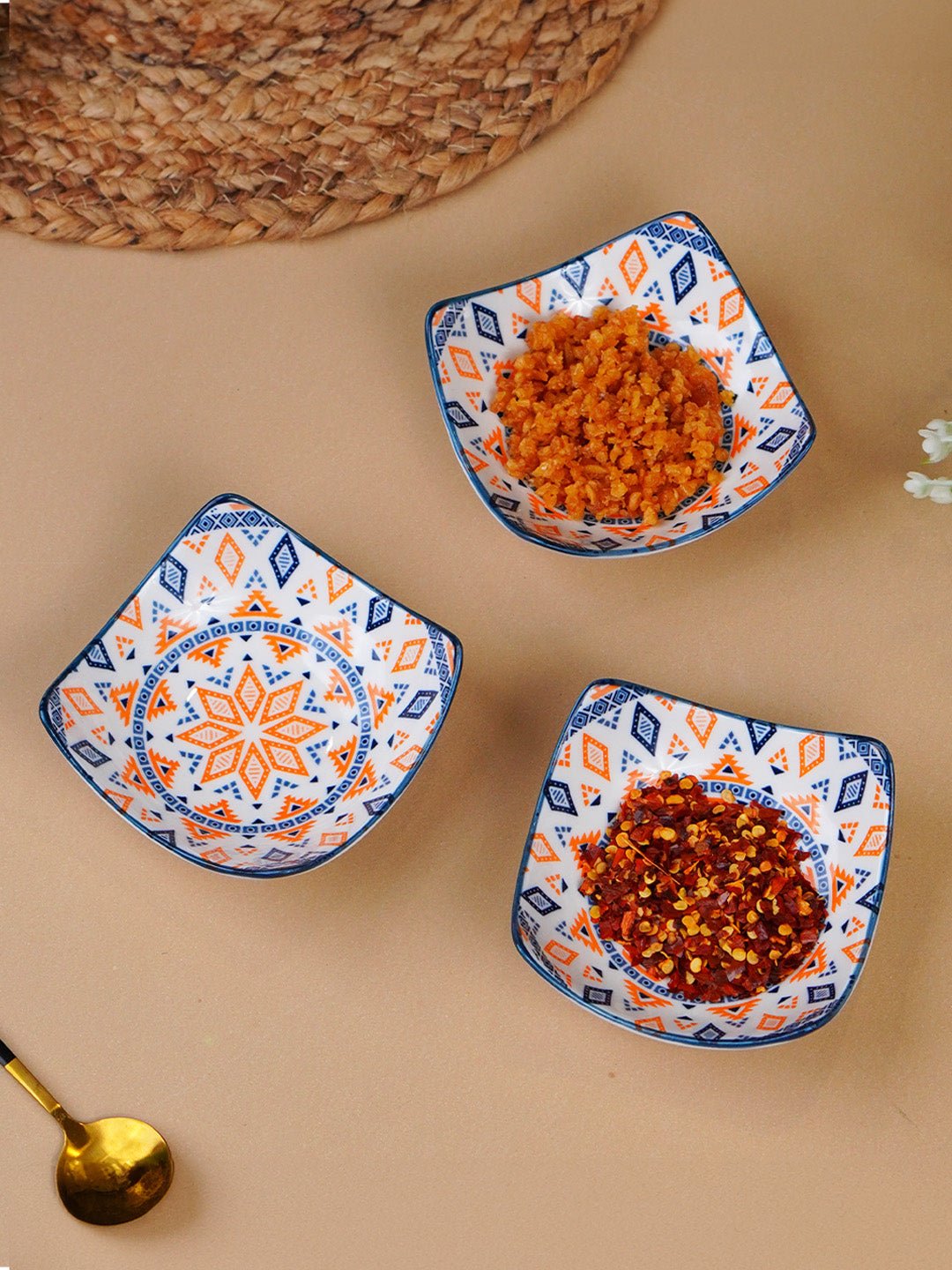 Orange & Blue Geometric Square Ceramic Bowls Set of 3 - The Golden Theory