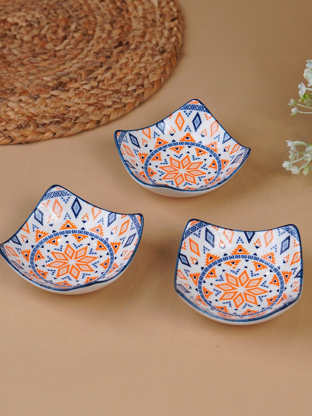 Orange & Blue Geometric Square Ceramic Bowls Set of 3 - The Golden Theory Main image