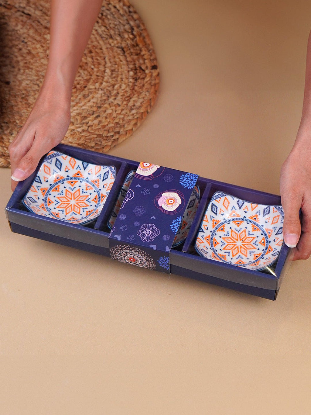 Orange & Blue Geometric Square Ceramic Bowls Set of 3 - The Golden Theory