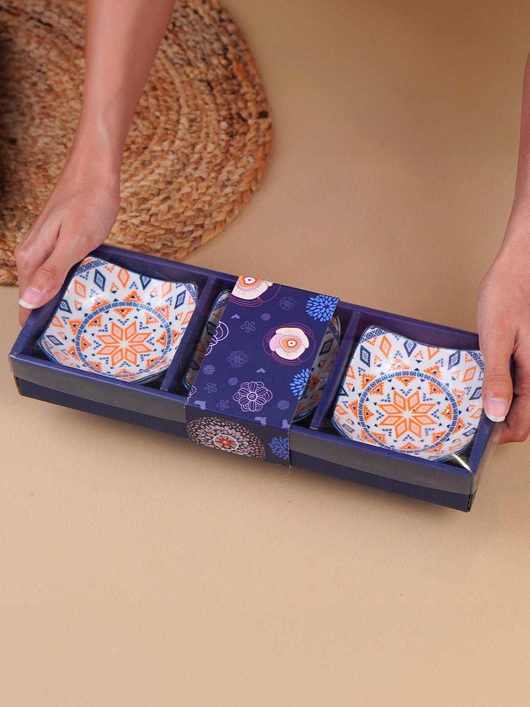 Orange & Blue Geometric Square Ceramic Bowls Set of 3 - The Golden Theory