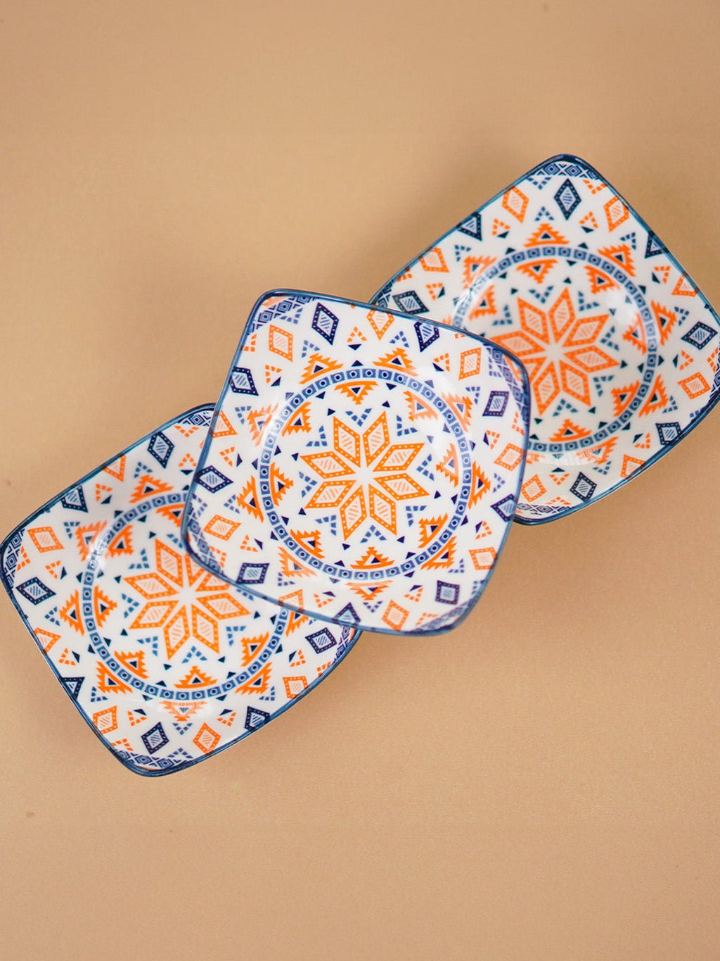 Orange & Blue Geometric Square Ceramic Bowls Set of 3 - The Golden Theory