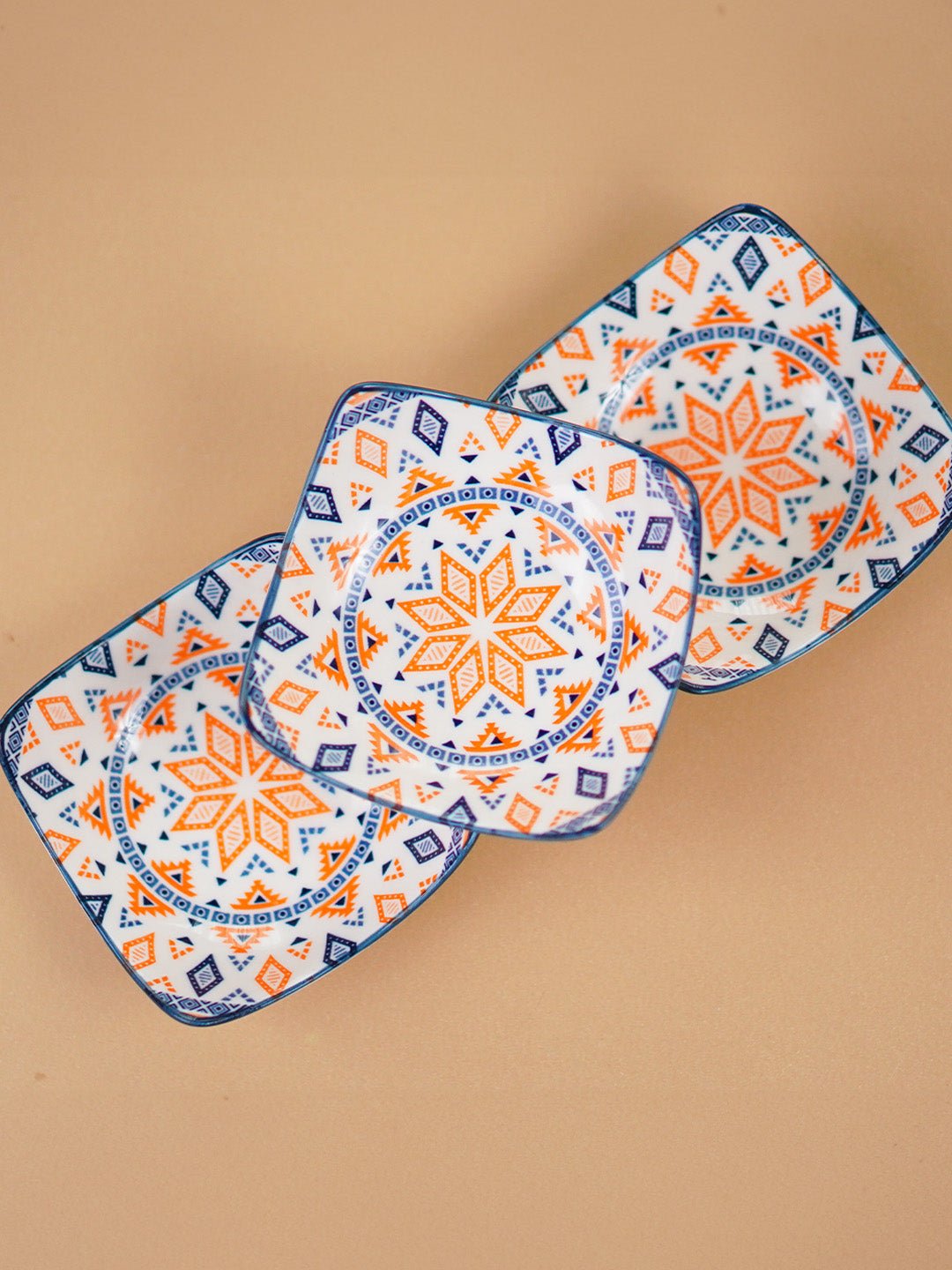 Orange & Blue Geometric Square Ceramic Bowls Set of 3 - The Golden Theory