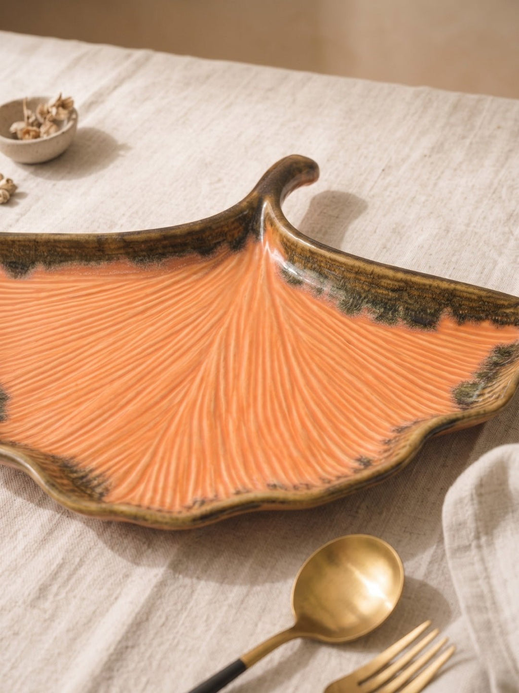 Orange Ceramic Shell Shaped Platter with Green Borders - The Golden Theory
