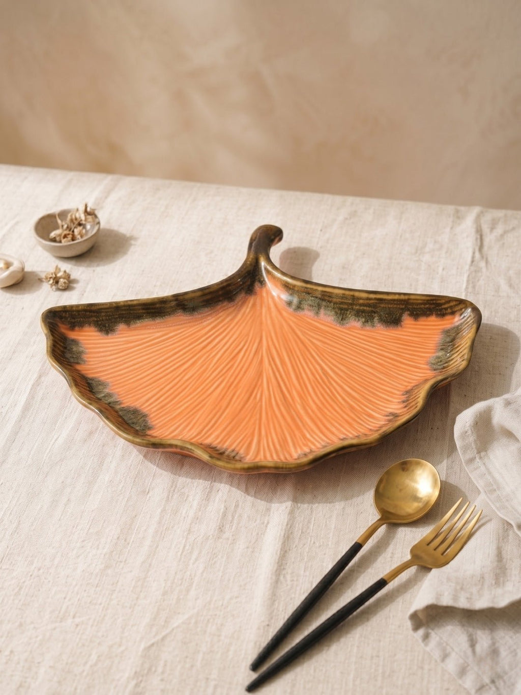 Orange Ceramic Shell Shaped Platter with Green Borders - The Golden Theory