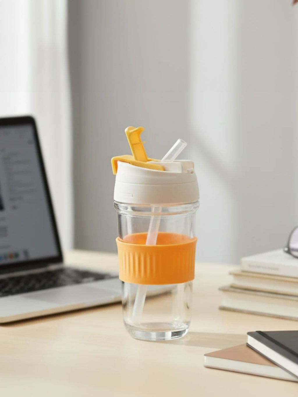 Orange Grip Glass Sipper with Built-In Straw - The Golden Theory
