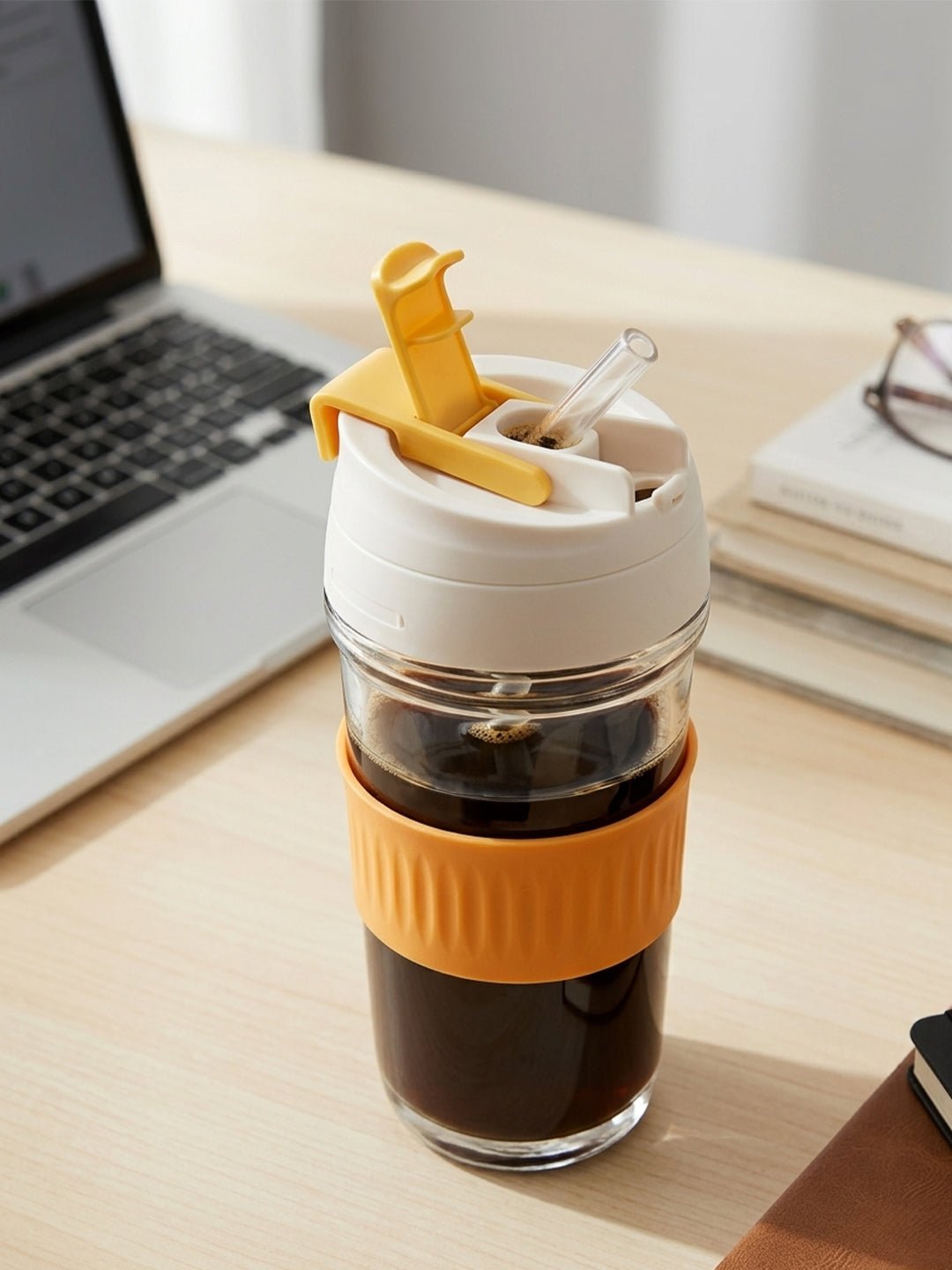 Orange Grip Glass Sipper with Built-In Straw - The Golden Theory