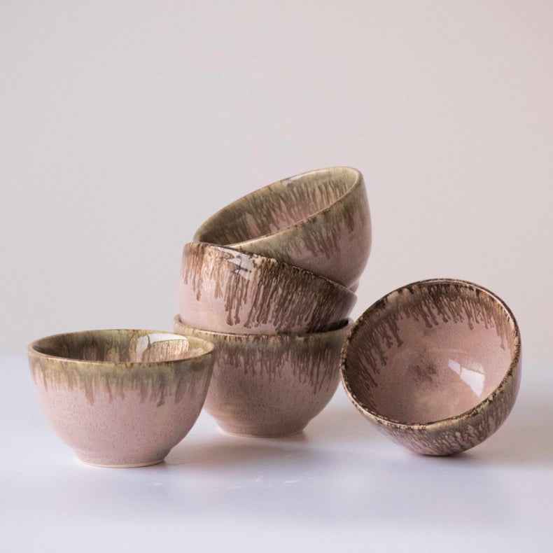 Pink Color Round-Shaped Small Bowl with Brown Drops Border - The Golden Theory
