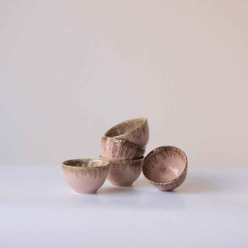 Pink Color Round-Shaped Small Bowl with Brown Drops Border - The Golden Theory