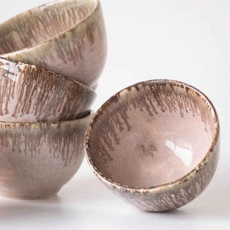 Pink Color Round-Shaped Small Bowl with Brown Drops Border - The Golden Theory