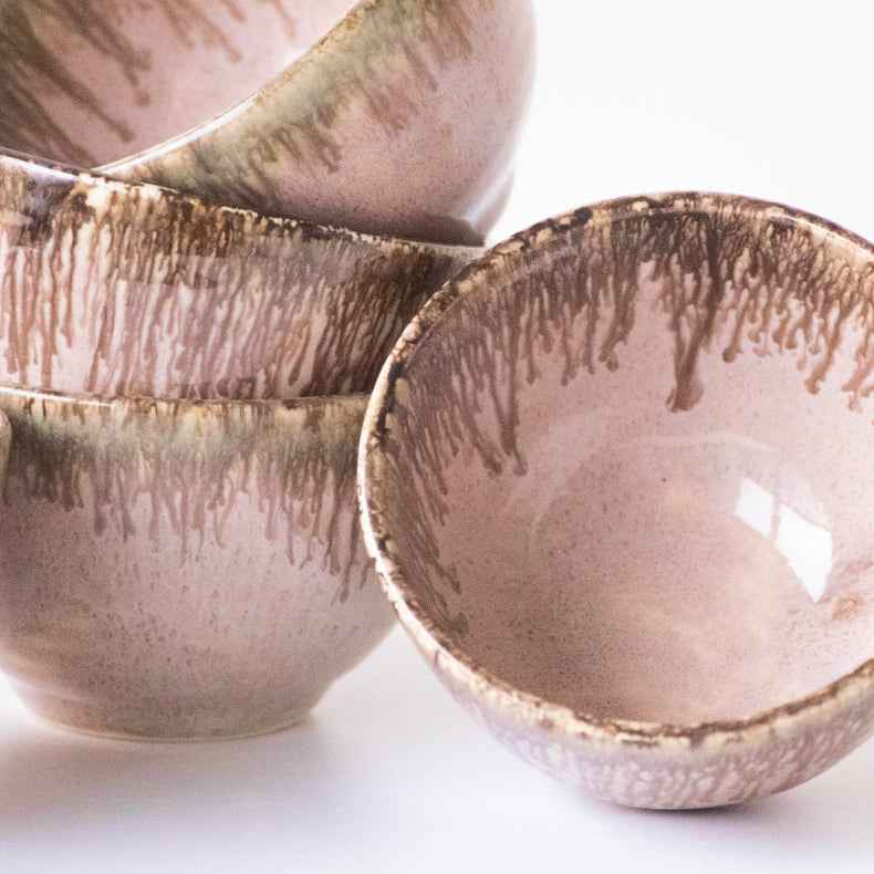 Pink Color Round-Shaped Small Bowl with Brown Drops Border - The Golden Theory