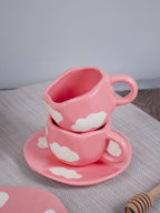Pink with White Cloud Ceramic Cup and Saucer Set - The Golden Theory