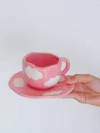 Pink with White Cloud Ceramic Cup and Saucer Set - The Golden Theory