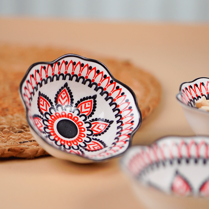 Red & Black Floral Scallop-Edge Ceramic Bowls - Set of 6 - The Golden Theory