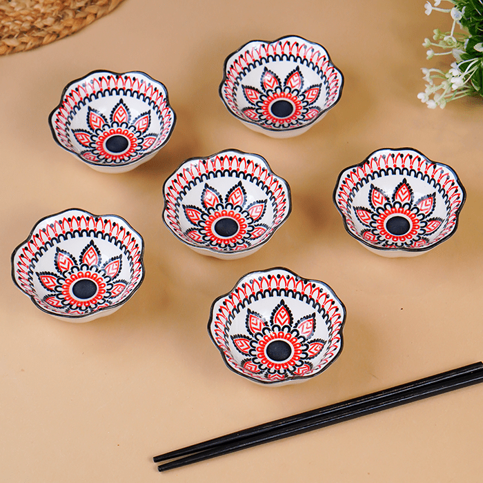 Red & Black Floral Scallop-Edge Ceramic Bowls - Set of 6 - The Golden Theory