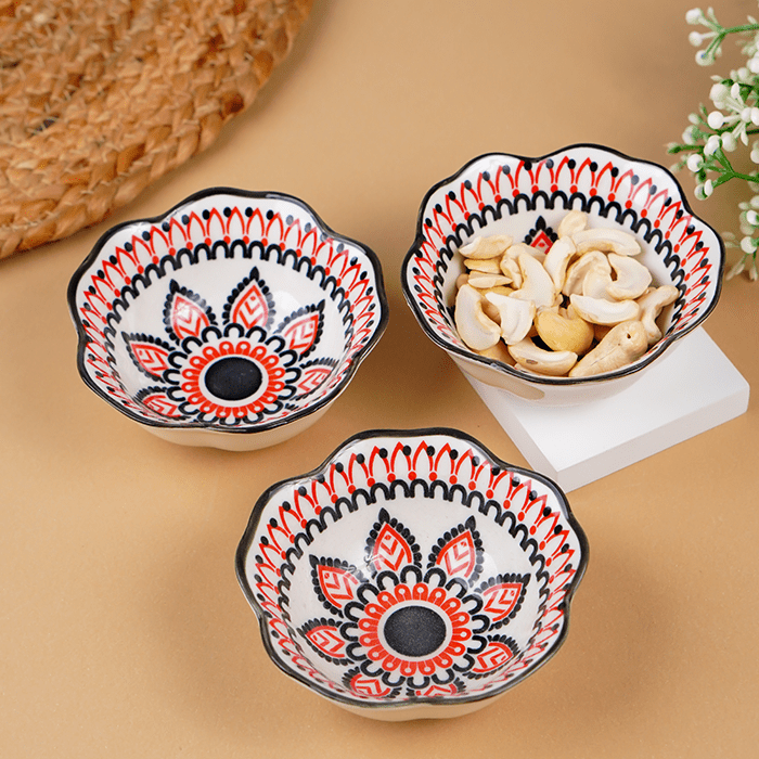 Red & Black Floral Scallop-Edge Ceramic Bowls - Set of 6 - The Golden Theory