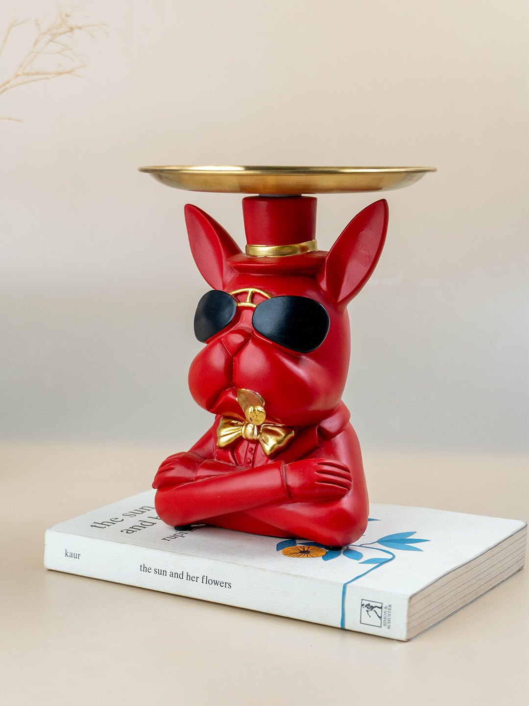 Red Bulldog Figurine with Gold Tray - The Golden Theory Main image