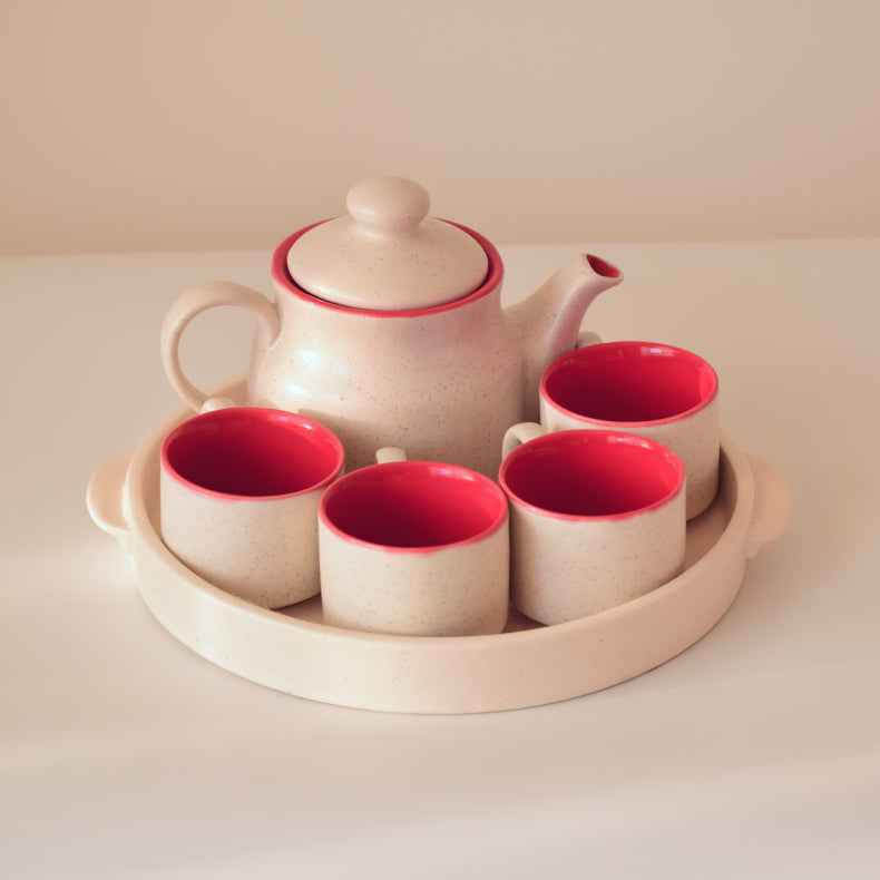 Red Ceramic Tea Set with Tray | Set of 6 Main image