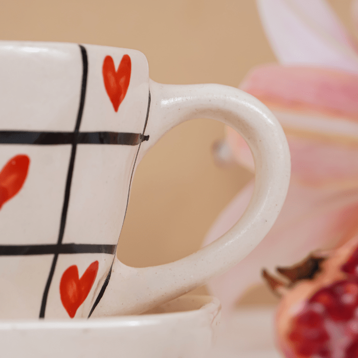 Red Heart and Grid Pattern Ceramic Cup and Saucer Set - The Golden Theory