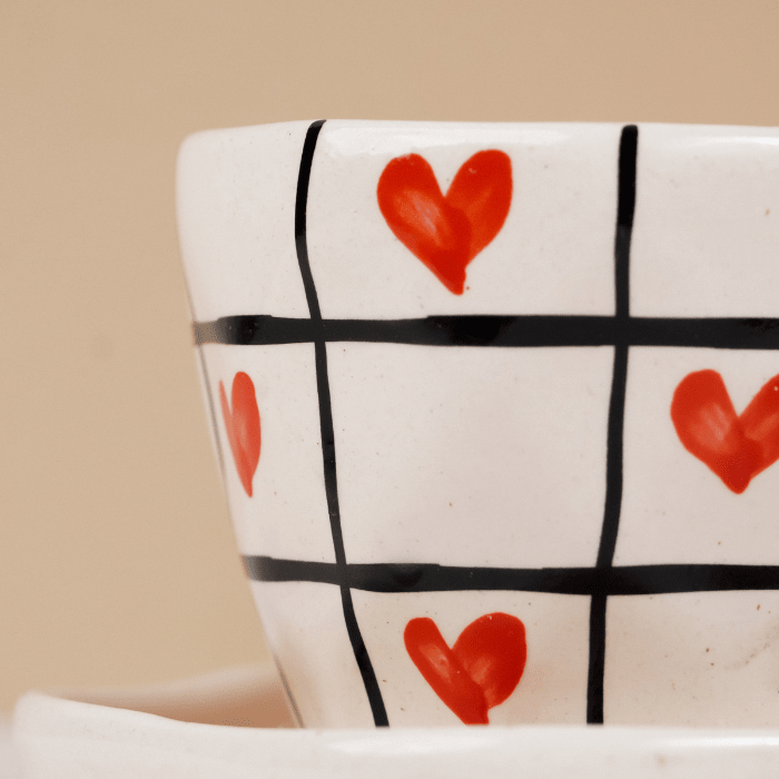 Red Heart and Grid Pattern Ceramic Cup and Saucer Set - The Golden Theory