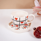 Red Heart and Grid Pattern Ceramic Cup and Saucer Set - The Golden Theory