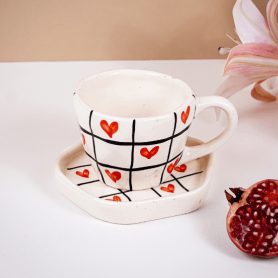 Red Heart and Grid Pattern Ceramic Cup and Saucer Set - The Golden Theory