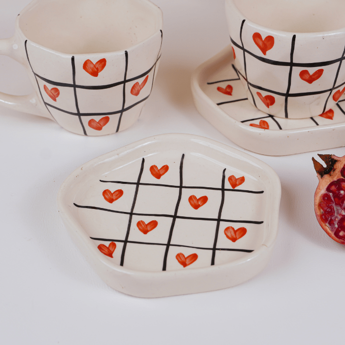 Red Heart and Grid Pattern Ceramic Cup and Saucer Set - The Golden Theory