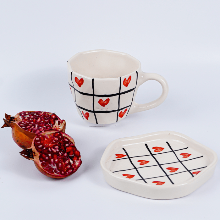 Red Heart and Grid Pattern Ceramic Cup and Saucer Set - The Golden Theory