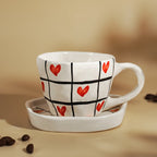 Red Heart and Grid Pattern Ceramic Cup and Saucer Set - The Golden Theory