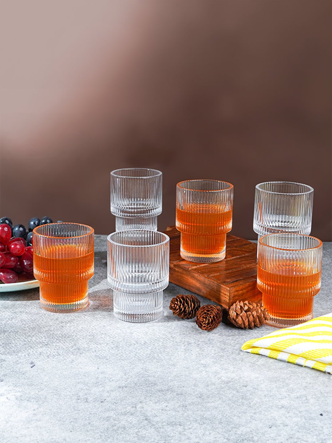 Ribbed Glasses with Stacked Ring Base | Set of 6 - The Golden Theory Main image