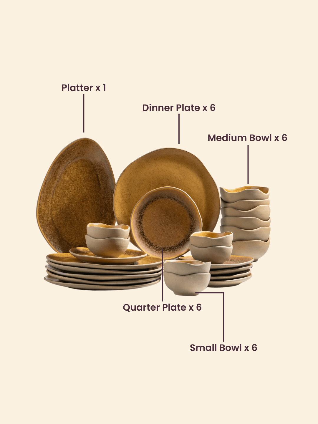 Rustic Brown Irregular Ceramic Dinner Set of 25 - The Golden Theory