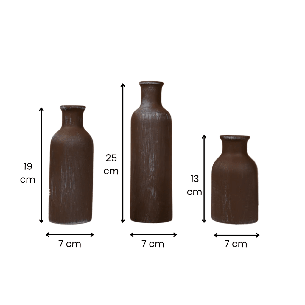 Rustic Brown Textured Bottleneck Vases | Set of 3 - The Golden Theory