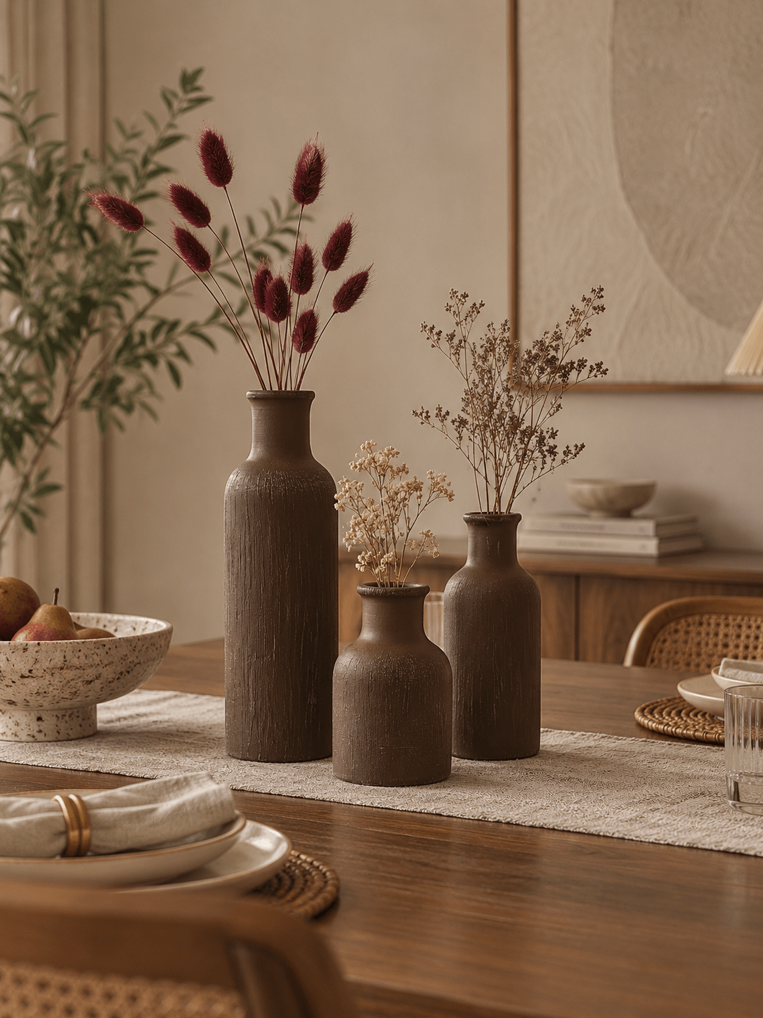 Rustic Brown Textured Bottleneck Vases | Set of 3 - The Golden Theory