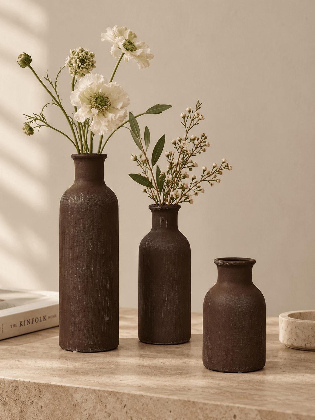 Rustic Brown Textured Bottleneck Vases | Set of 3 - The Golden Theory