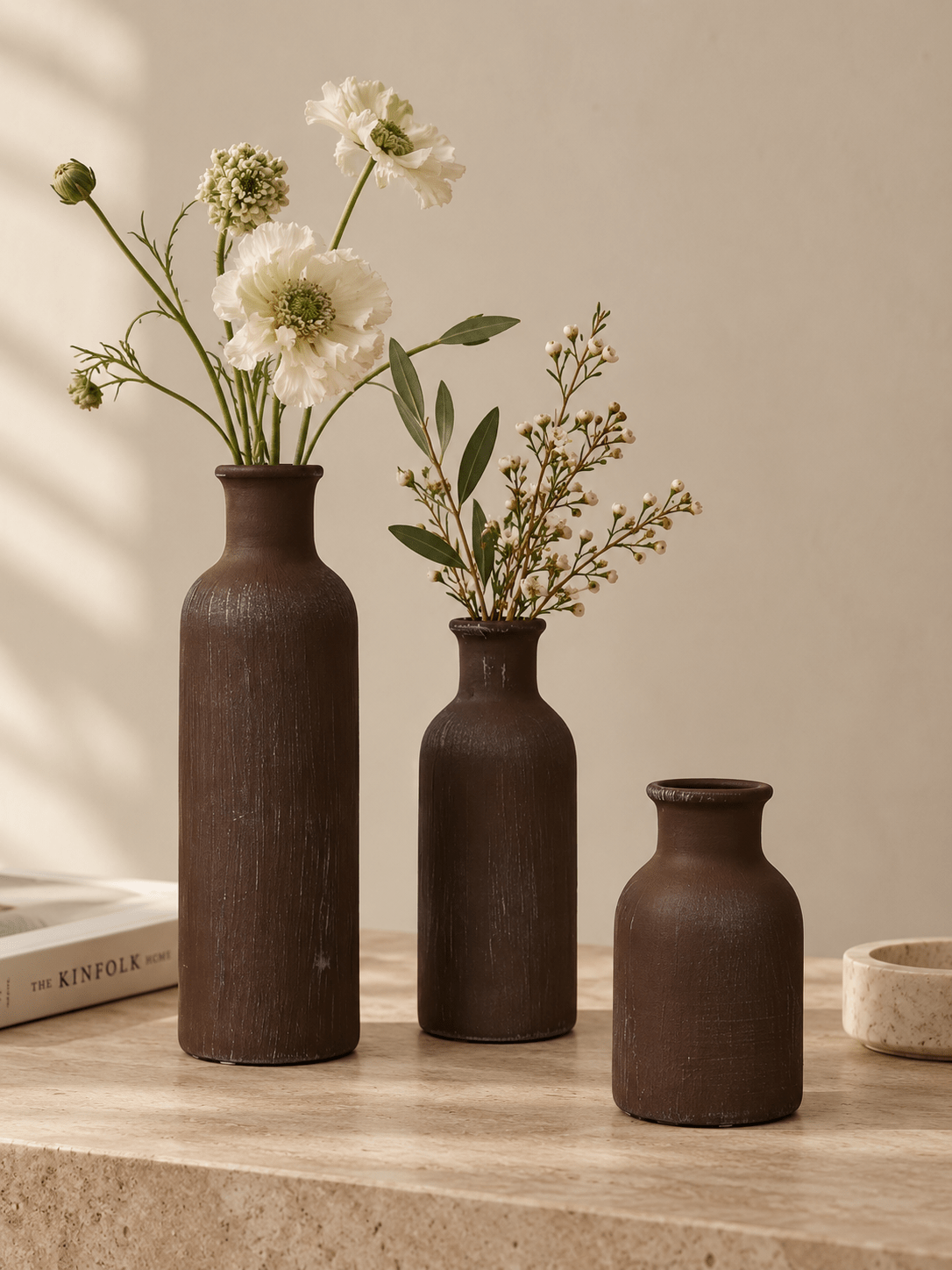 Rustic Brown Textured Bottleneck Vases | Set of 3 - The Golden Theory