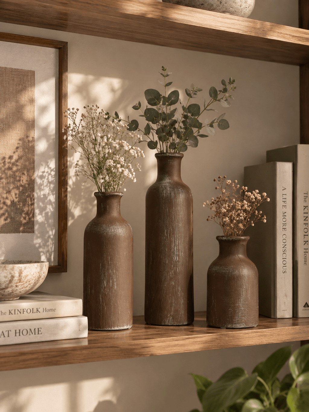 Rustic Brown Textured Bottleneck Vases | Set of 3 - The Golden Theory