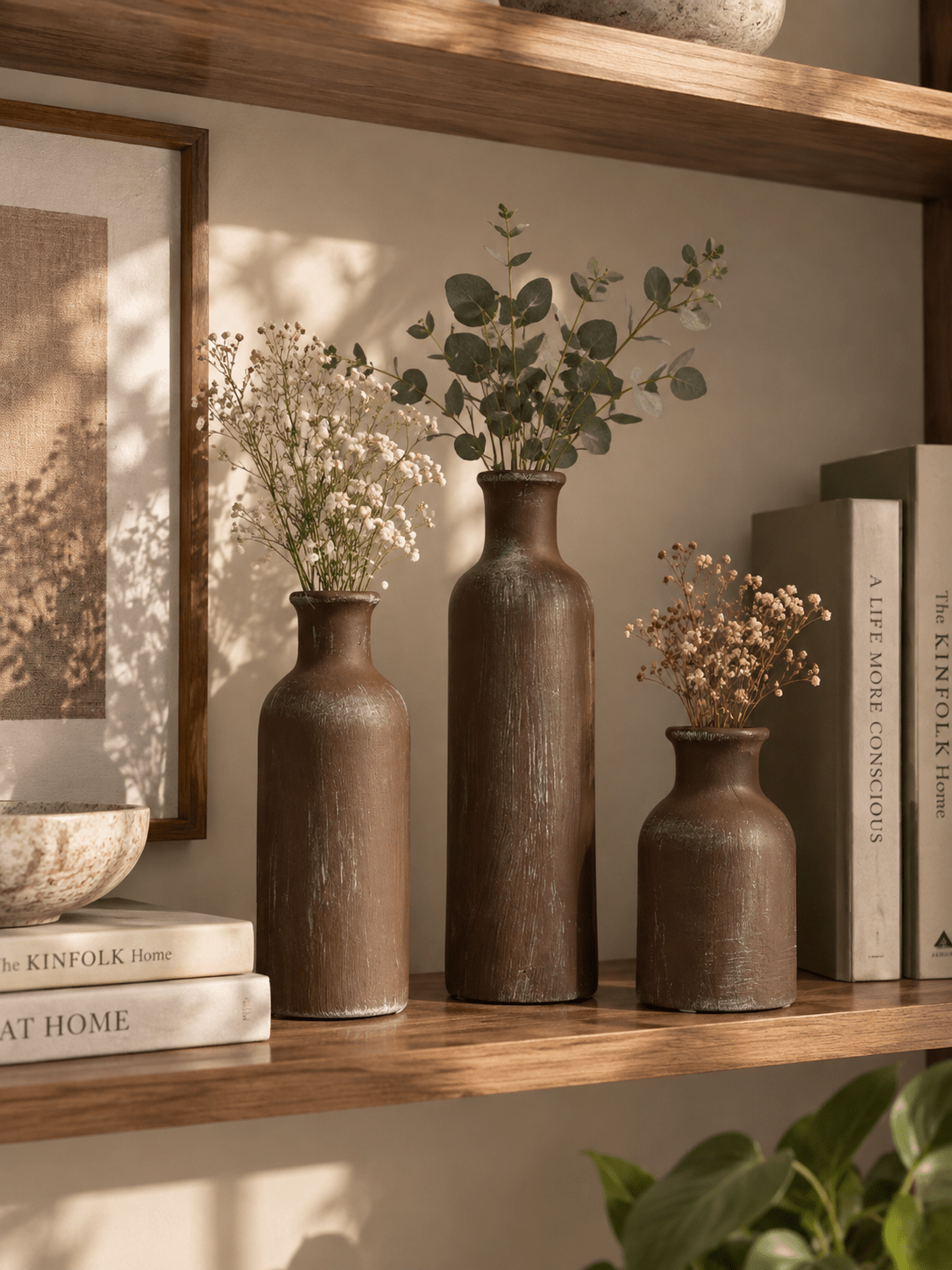 Rustic Brown Textured Bottleneck Vases | Set of 3 - The Golden Theory