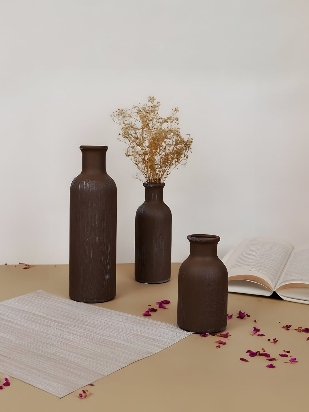 Rustic Brown Textured Bottleneck Vases | Set of 3 - The Golden Theory Main image