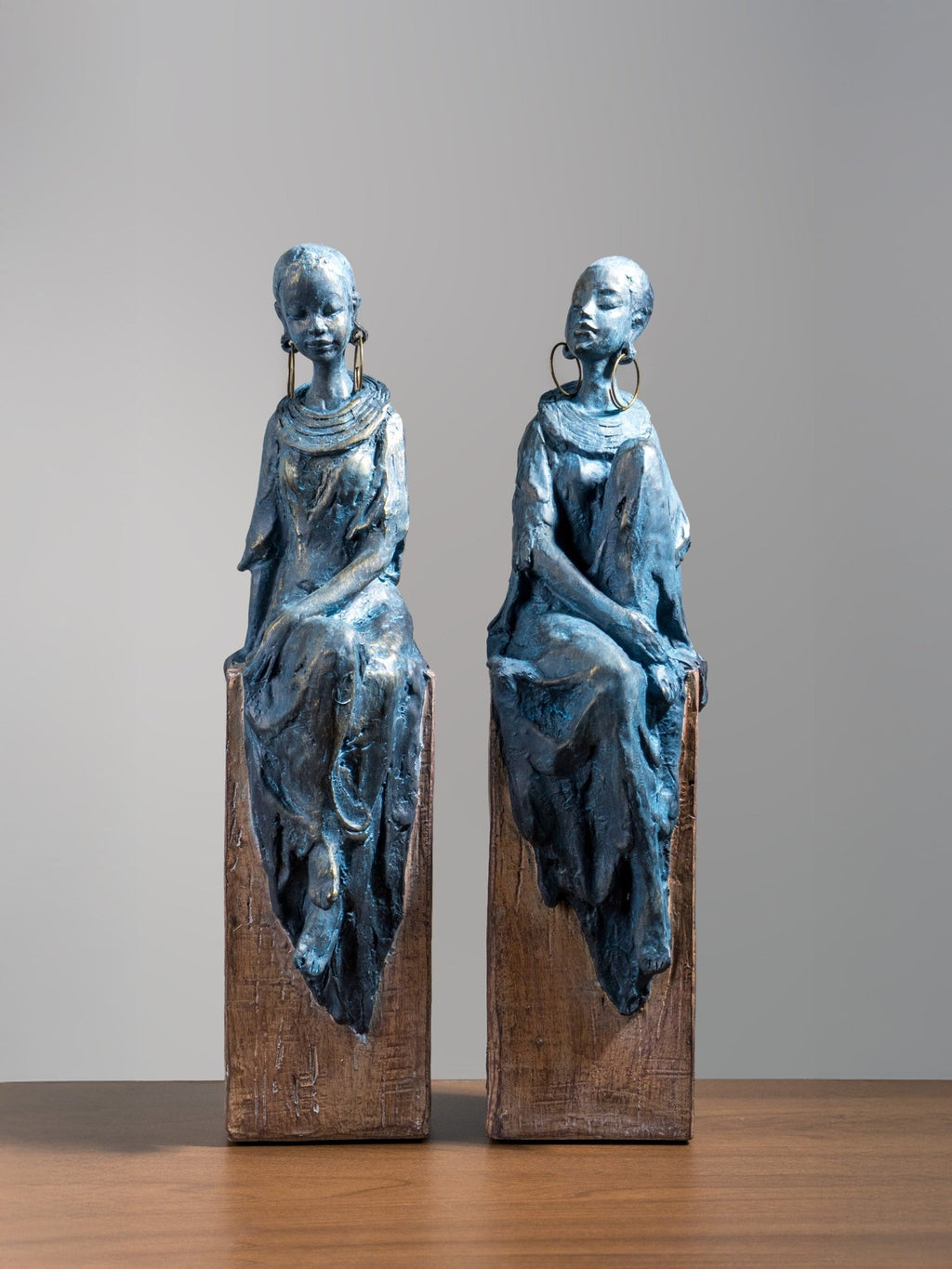 Seated Woman Sculpture on Wood Textured Pedestal – Profile Pose Figure Statue - The Golden Theory