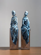 Seated Woman Sculpture on Wood Textured Pedestal – Profile Pose Figure Statue - The Golden Theory