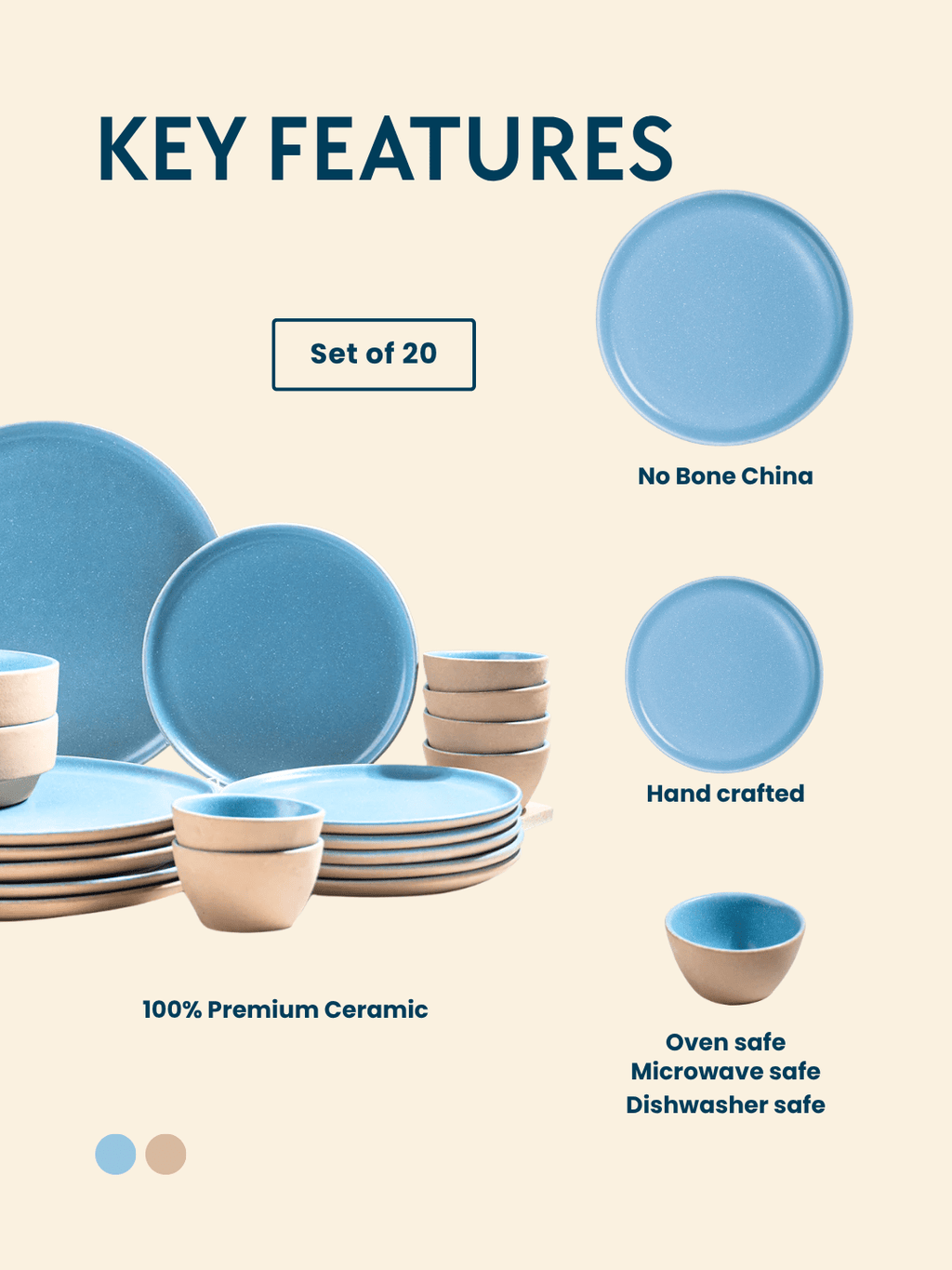 Sky Blue & Sand Ceramic Dinner Set of 20 - The Golden Theory