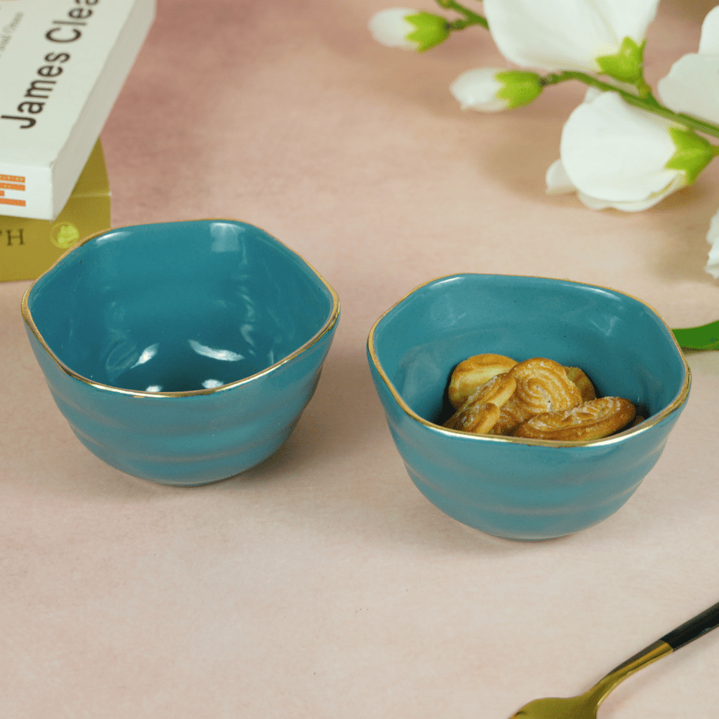 Small Blue Palette Bowl with Golden Border | Set of 2 - The Golden Theory